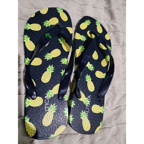 Nautica Flip Flops Sandals Women's Size 7  Pineapple 🍍 Pattern Black And Yellow - Picture 2 of 4